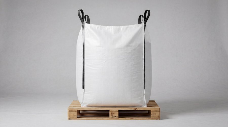 Plain woven polypropylene bulk bag on a wooden pallet